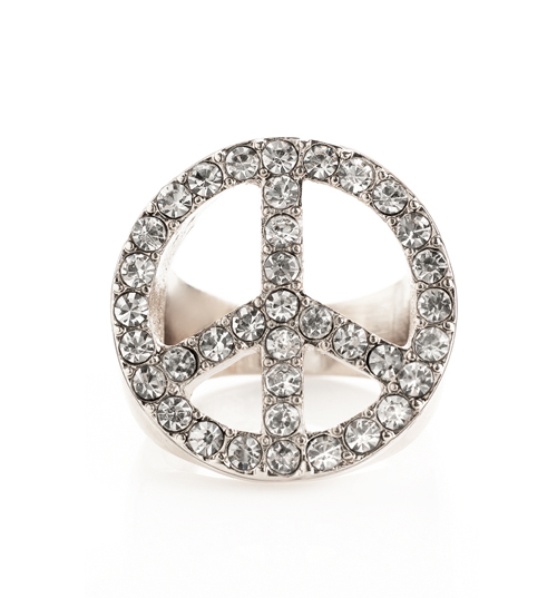 Silver And Diamante Peace And Love 90s Ring