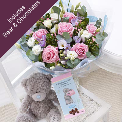 Rose and Lisianthus Hand-tied with Tatty Teddy and Chocolates