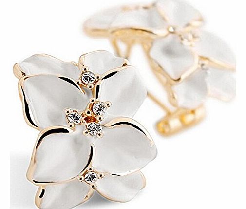 Lovely White Gardenia Flower Rhinestone Gold Plated Stud Earrings Meawmeaw Store