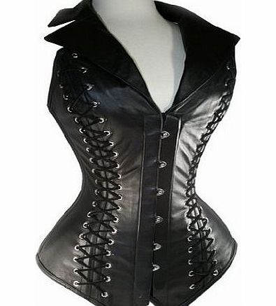 Mebarra FashionWind Womens Steampunk Halter V-neck Faux Leather Steel Boned Corset - Black Small