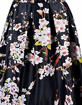 Mebarra Womens Sakura Floral Print Skater Pleated Midi Skirt (Black)