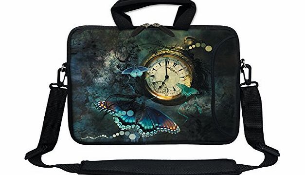 MeeNY 11.6 inch Neoprene Laptop Bag Sleeve with Extra Side Pocket, Soft Carrying Handle amp; Removable Shoulder Strap for 10`` to 11.6`` Size Notebook Computer - Clock Butterfly