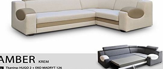 Megan Sofas UNIVERSAL HAND CORNER SOFA BED - AMBER CREAM - FABRIC amp; FAUX LEATHER 266x185CM (266 CM, CREAM)