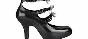 Three strap black bow heels