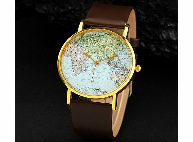 Menu Life 2013 new styles 5 colors leather watches with world map watch Unisex watches wristwatch (Brown)