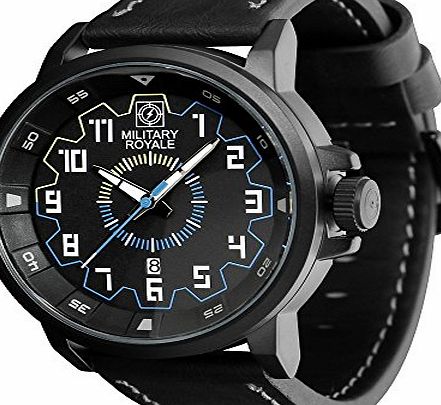 Menu Life Military Royale Thunder Series Black Case Army Sport Watch for Men with Tough Leather Strap