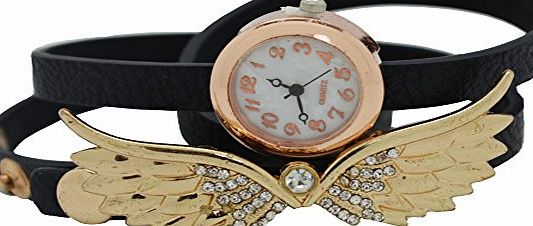 Meta-U Retro Leather Strap with Litchi Rind Pattern Wrist Fashion Watch Studded with Rhinestones and Angel Wings Ornament (black)