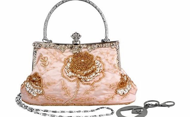 MG Collection Champagne Exquisite Antique Seed Beaded Rose Evening Handbag, Clasp Purse Clutch w/Hidden Handle and Chain