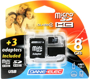 Secure Digital High Capacity (microSDHC) Memory Card - 8GB - With 3 adapters - Dane-Elec