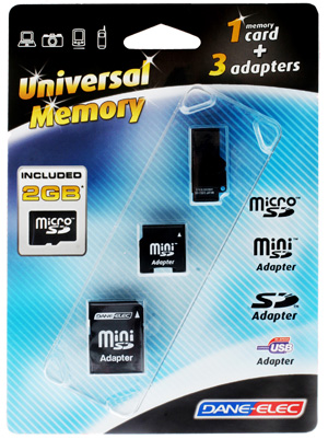 Secure Digital (microSD) Memory Card - 2GB - With 3 adapters - Dane-Elec