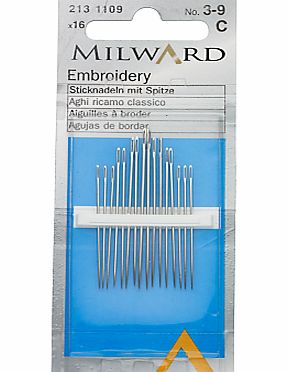 Milward Embroidery Needles, Sizes 3-9, Pack of 16