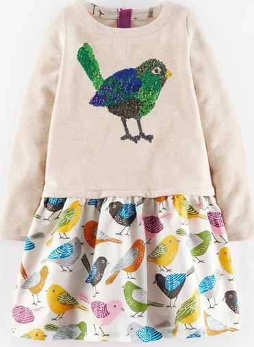 Mini Boden Cosy Woodland Dress Oatmeal Marl Bird Mini