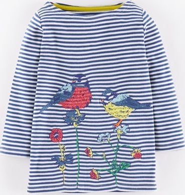 Mini Boden, 1669[^]34912915 Embroidered Hedgerow T-shirt Soft Navy Birds