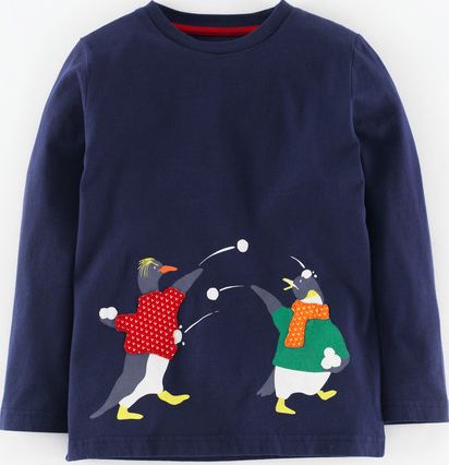 Mini Boden, 1669[^]34975979 Festive T-shirt Navy/Penguin Snowball Fight Mini