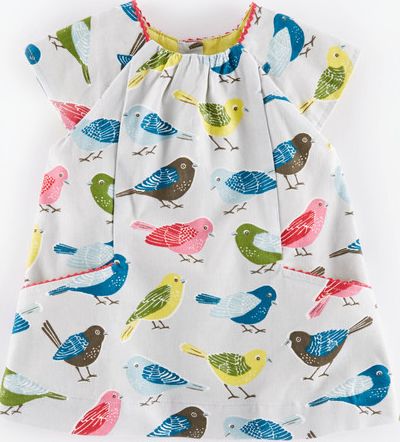 Mini Boden, 1669[^]34987982 Pretty Printed Cord Baby Dress Light Grey Birds