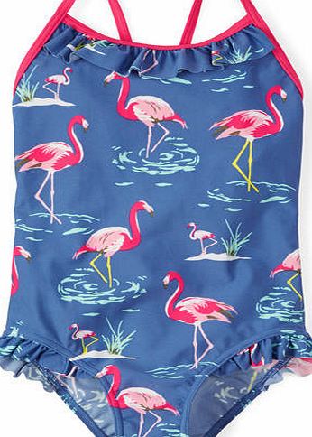 Mini Boden Ruffle Swimsuit Washed Bluebell Flamingos Mini