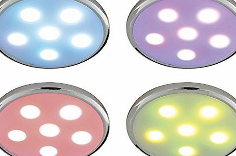 MiniSun 4 x Round Disc Chrome Plug In RGB Controlled Colour Changing LED Under Kitchen Cupboard Cabinet Mood Lights