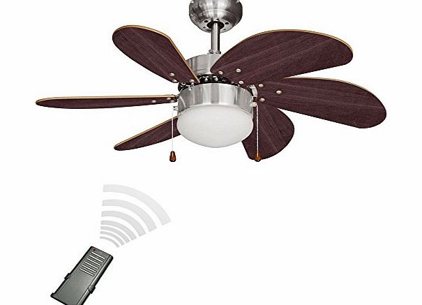 Silver Chrome & Wood 30`` Modern 6 Blade Ceiling Fan with Flush Light - Complete with Remote Control