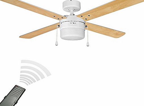 MiniSun White 42`` Modern Ceiling Fan with Light amp; White/Beech Reversible Blades - Complete with Remote Control