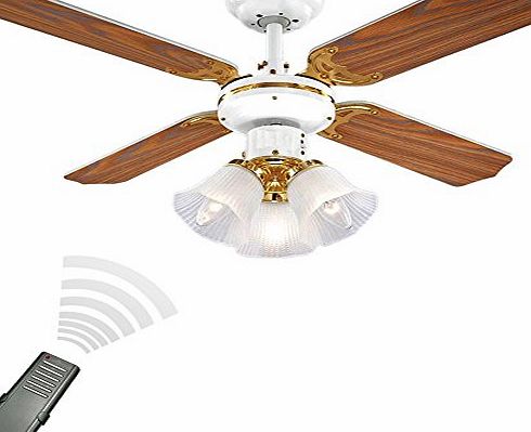 MiniSun White amp; Brass 36`` Modern Ceiling Fan with 3 Lights amp; Oak/White Reversible Blades - Complete with Remote Control