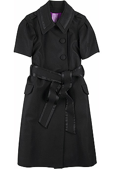 Black wool blend short sleeve trench coat with a self-tie at the waist.
