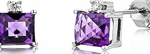 Miore 9 ct White Gold 0.06 ct Diamond and Amethyst Square Cushion Cut Studs Earrings