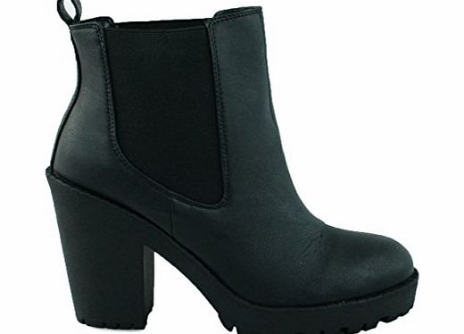 Miss Image UK LADIES WOMENS HIGH MID BLOCK HEEL CHUNKY CHELSEA ANKLE ELASTIC BOOTS SHOES SIZE[Black Faux Leather,UK 5]