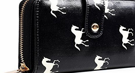 Miss Lulu Designer Oilcloth Floral Spot Polka Dot Butterfly Horse Folded Zip Wallet Purse (Horse Black)