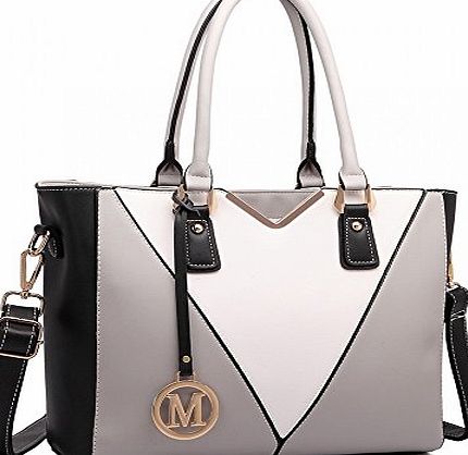 Miss Lulu Leather Look V-Shape Shoulder Handbag (Grey)