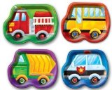 MISS PARTYS PARTY BITS N BOBS PARTY WHEELS SHAPED PLATES X 8 - FIRE ENGINE, FARM TRACTOR, POLICE CAR, SCHOOL BUS PARTY SUPPLIES AND PRODUCTS