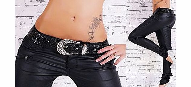Miss RJ Womens Black Leather Look Goth Biker Skinny jeans with Studded Belt UK4,6,8,10,12 (Tag 36 fits UK 6 Waist 25``-26`` inches ( 63.5 cm-66cm ))