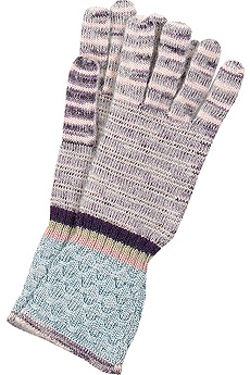 Multi-colored striped knit crochet gloves.