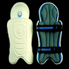 Colour: White/Blue.  Moulded shell , ultralight wicket keeping leg guard. Soft feel back padding and