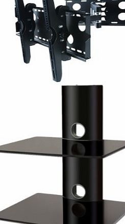 PACKAGE DEAL! Two GLASS SHELVES Wall Mount for AUDIO VIDEO Equipment-all BLACK + Universal SWIVEL / TILT Bracket with EXTENSION ARM for ALL TV Brands 37 40 42 46 47 50 52 54 55 58 60 inch TV Flat Pane