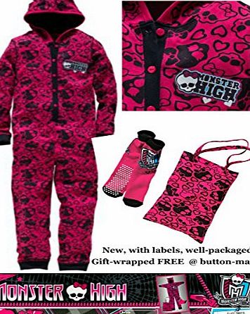 Monster High Onesie Girls Sleepover Kit - Set includes a hooded onesie / all-in-one pyjamas * a matching non-slip slipper socks and a tote bag * New with labels * Licensed merchandise (9-10 years)