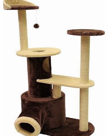  Deluxe Cat Scratching Tree/ Post Activity Centre with 2 Hidey-Holes and 4 Viewing Platforms, 122 cm, Brown/ Cream