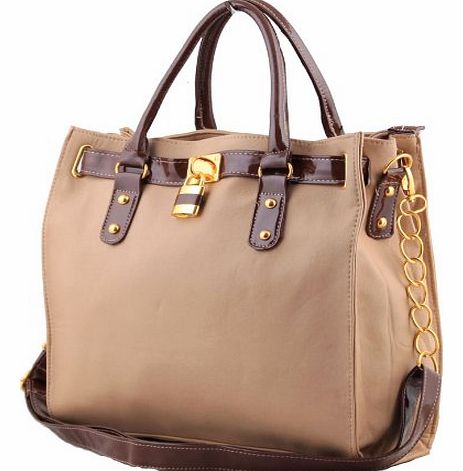 More4bagz Ladies Designer Style Padlock Tote Chain Satchel Shoulder Handbag Bag - Black, Tn, Red, Grey (Camel / Gold Chain)