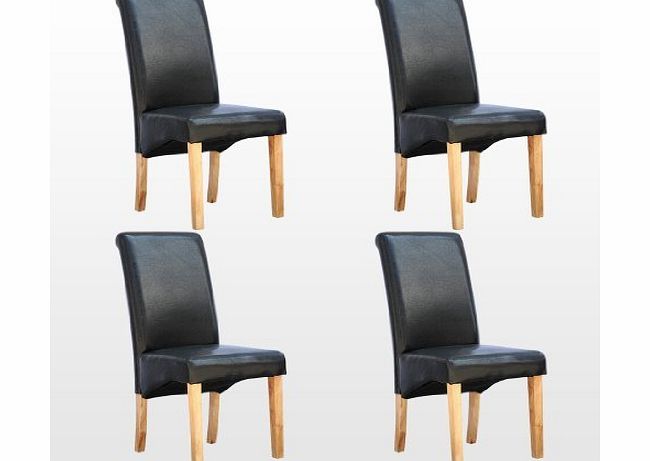 More4Homes 4 x CAMBRIDGE LEATHER BLACK DINING CHAIR w OAK FINISH WOOD LEGS ROLL TOP HIGH BACK