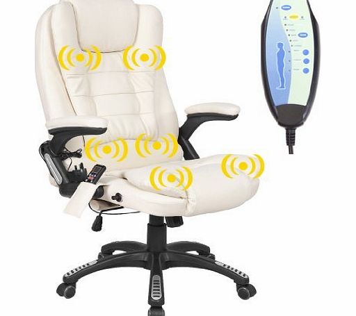 More4Homes RIO CREAM RECLINING MASSAGE LEATHER OFFICE CHAIR w 6 POINT MASSAGE HIGH BACK COMPUTER DESK 360 SWIVEL