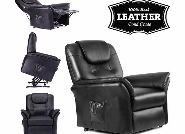 WINDSOR ELECRTIC RISE RECLINER REAL LEATHER ARMCHAIR SOFA HOME LOUNGE CHAIR (Black)