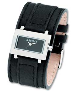 Ladies Black Leather Cuff Watch with Black Dial