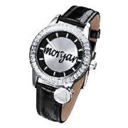 Morgan round dial stone set black strap watch