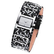 square silver dial logo strap watch