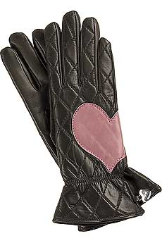 Brown leather quilted gloves with a applique heart detail.