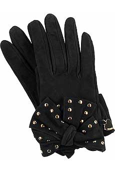 Black short suede gloves with a studded bow at wrist.