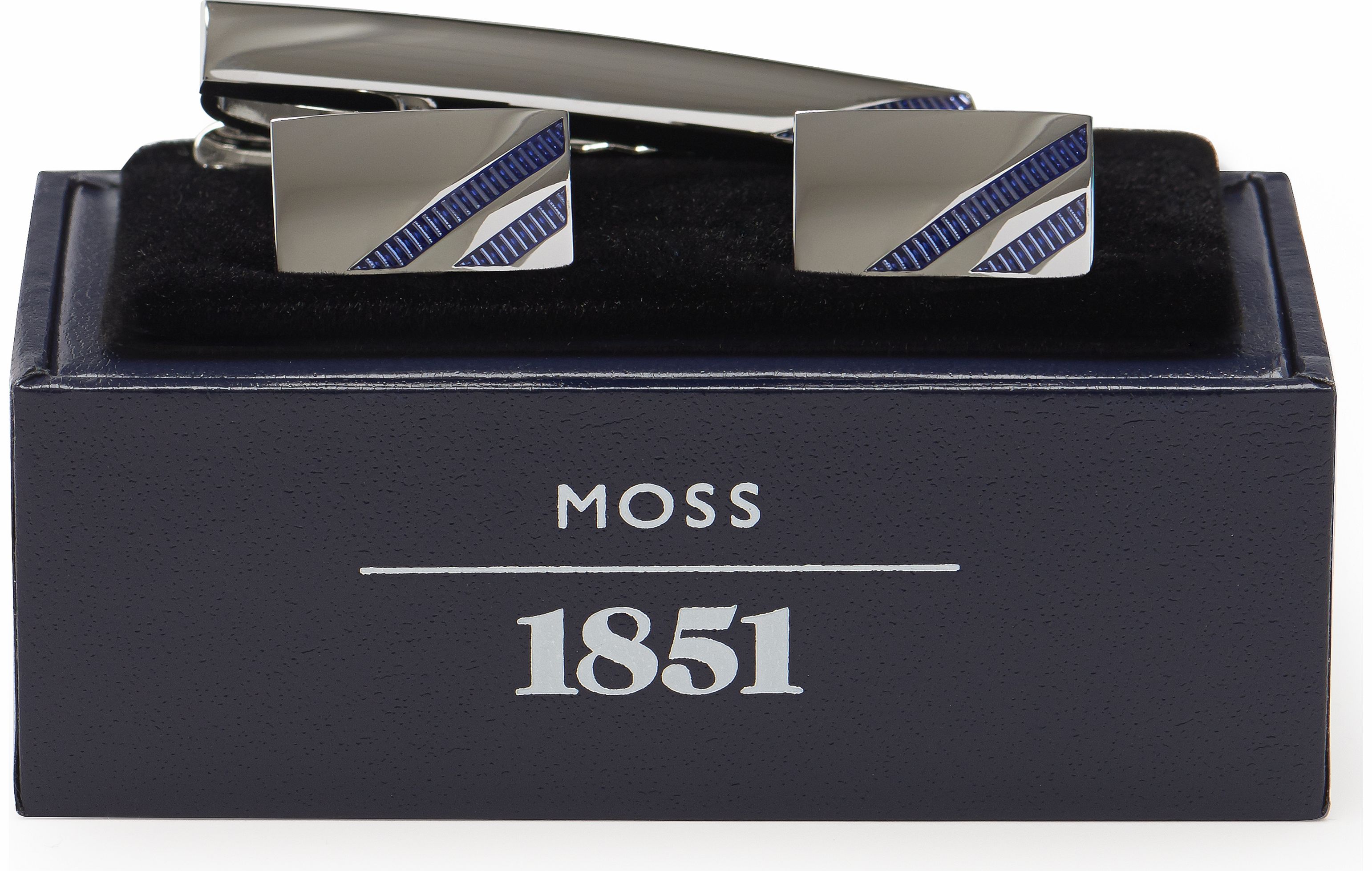 Moss 1851 Blue Stripe Enamel Cufflinks and Tie