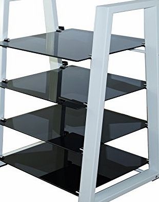 Mountright Designer Glass Hifi Stand / Shelving Unit - 4 Shelf (White Frame - Black Glass)