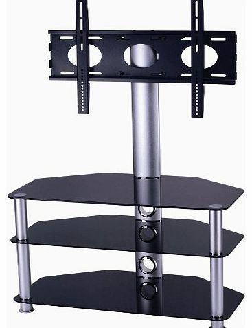 MountRight Cantilever Glass TV Stand For Up To 50`` LED, LCD & Plasma Screen - Black Glass/Silver Legs