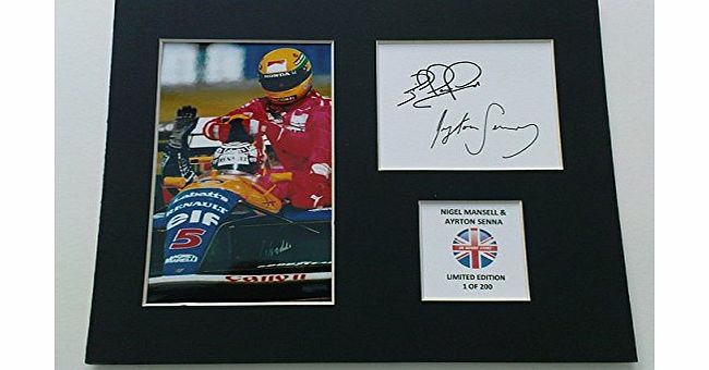 MOUNTSTORE LIMITED EDITION NIGEL MANSELL AND AYRTON SENNA SIGNED DISPLAY PRINTED AUTOGRAPH FORMULA ONE F1 AUTOGRAPH AUTOGRAF AUTOGRAM SIGNIERT SIGNATURE MOUNT FRAME