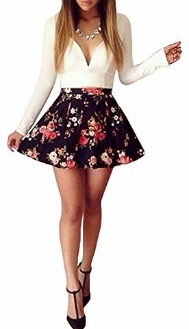 Moxeay Sexy Womens Girls Deep V-neck Long Sleeve Floral Printed Party Prom Ball Skater Swing Bodycon Mini Dress (Asia L (UK 12))